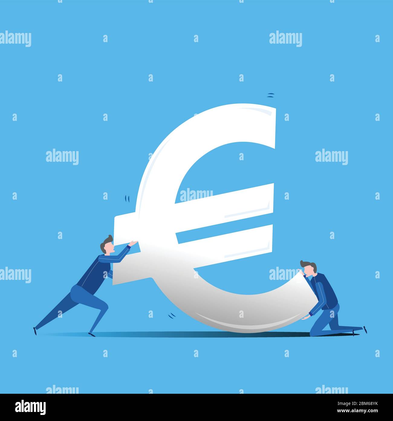 Illustration einer fallenden Währung und zwei Männer versuchen, sie zu stabilisieren. Die Abwertung des Euro-Dollar-Zeichens während der Rezession. Stock Vektor