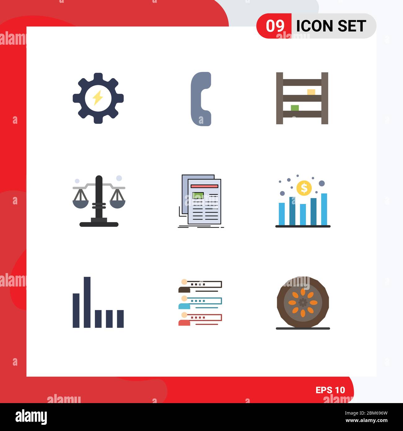 Universal Icon Symbole Gruppe von 9 modernen Flachfarben von Newsletter, Medien, Möbel, gazette, Gerechtigkeit editierbar Vektor Design-Elemente Stock Vektor
