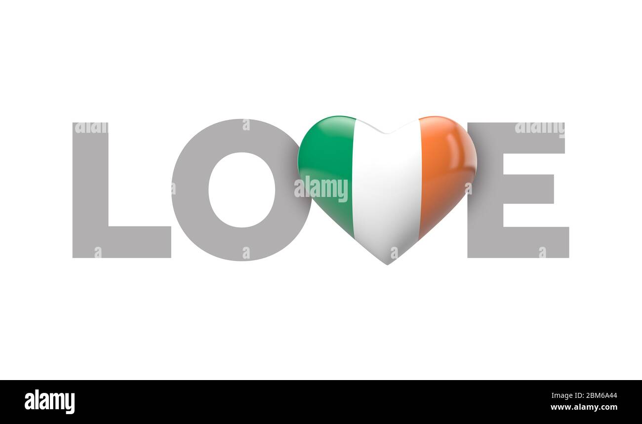 Love Irland Herz förmige Flagge mit Liebe Wort. 3D-Rendering Stockfoto