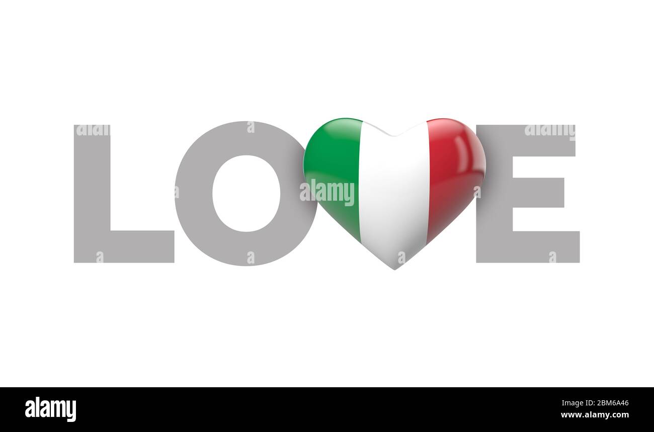 Liebe Italien Herz-förmige Flagge mit Liebe Wort. 3D-Rendering Stockfoto