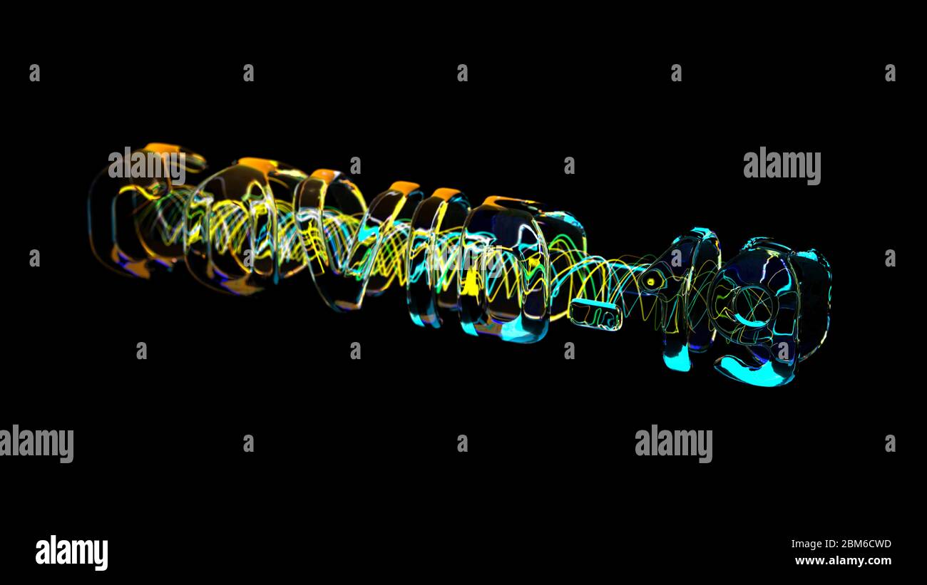 Coronavirus COVID-19 Schriftzug aus Glas und fliegenden Partikeln. Medizin Konzept isoliert auf schwarzem Hintergrund 3d-Illustration Stockfoto