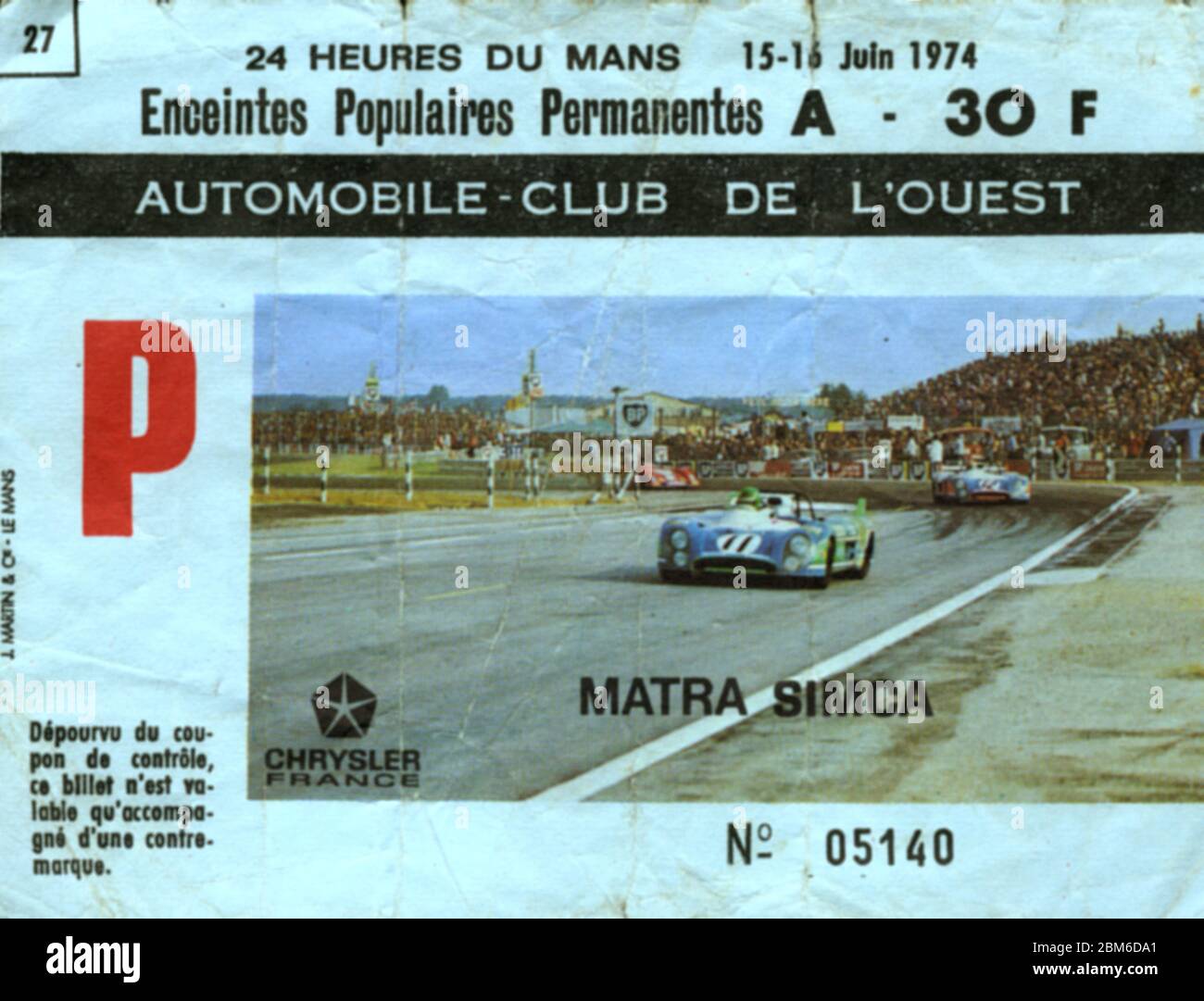 Eintrittskarte für das 24-Stunden-Rennen von Le Mans 1974, Le Mans, Frankreich, EU - 15-16. Juni 1974 Stockfoto