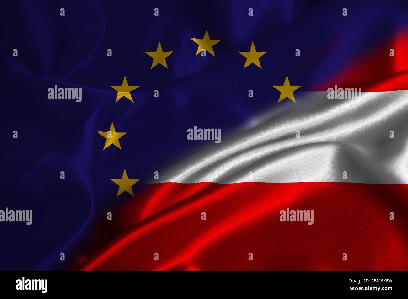EU-Flagge und Österreich-Flagge auf Satin-Textur. Stockfoto