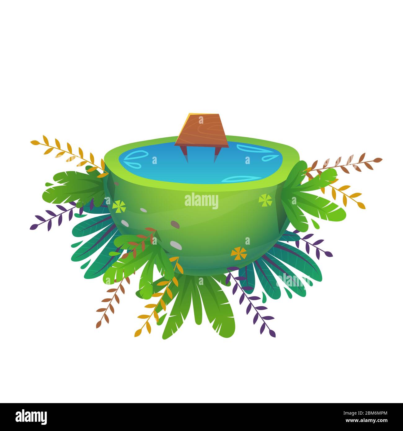 Grüne Ruhe Halb Planeten Land mit Wasser und fröhliche Pflanzen und Blumen. Konzept mit Spritztropfen. Cartoon lustige niedliche Illustration auf whit isoliert Stockfoto