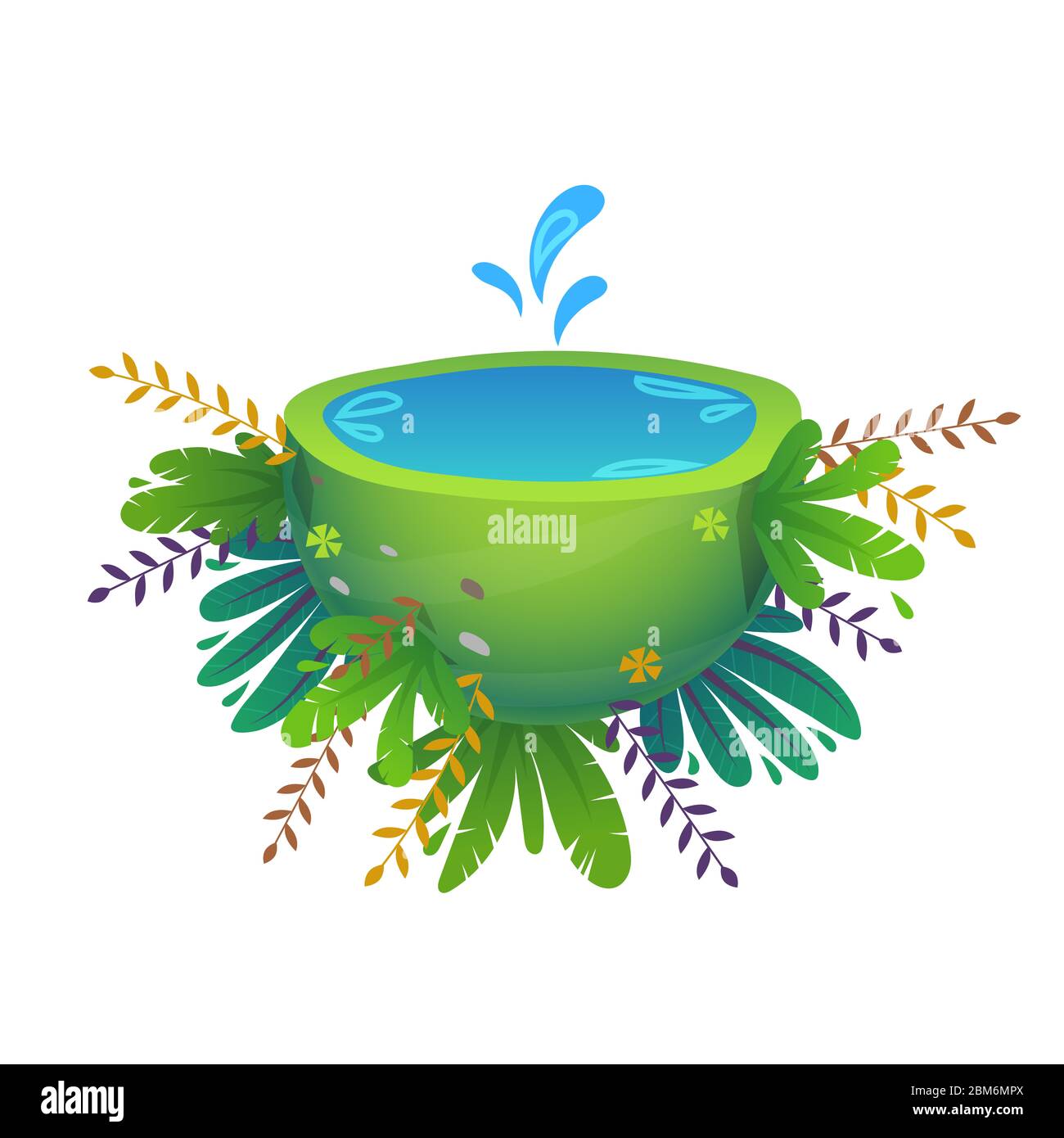 Grüne Ruhe Halb Planeten Land mit Wasser und fröhliche Pflanzen und Blumen. Konzept mit Spritztropfen. Cartoon lustige niedliche Illustration auf whit isoliert Stockfoto