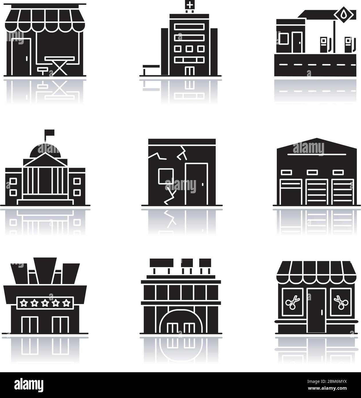 Städtische Gebäude Außenbereiche Drop Schatten schwarzen Glyph Symbole gesetzt Stock Vektor