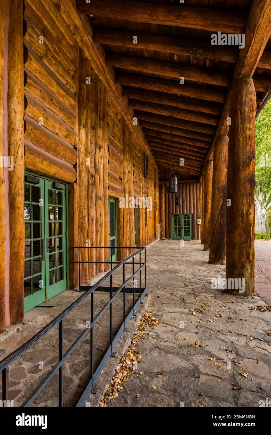 Details der Fuller Lodge, Teil der Los Alamos Ranch School in Los Alamos, die ein Ort für das World war II Manhattan Project war, das bir Stockfoto