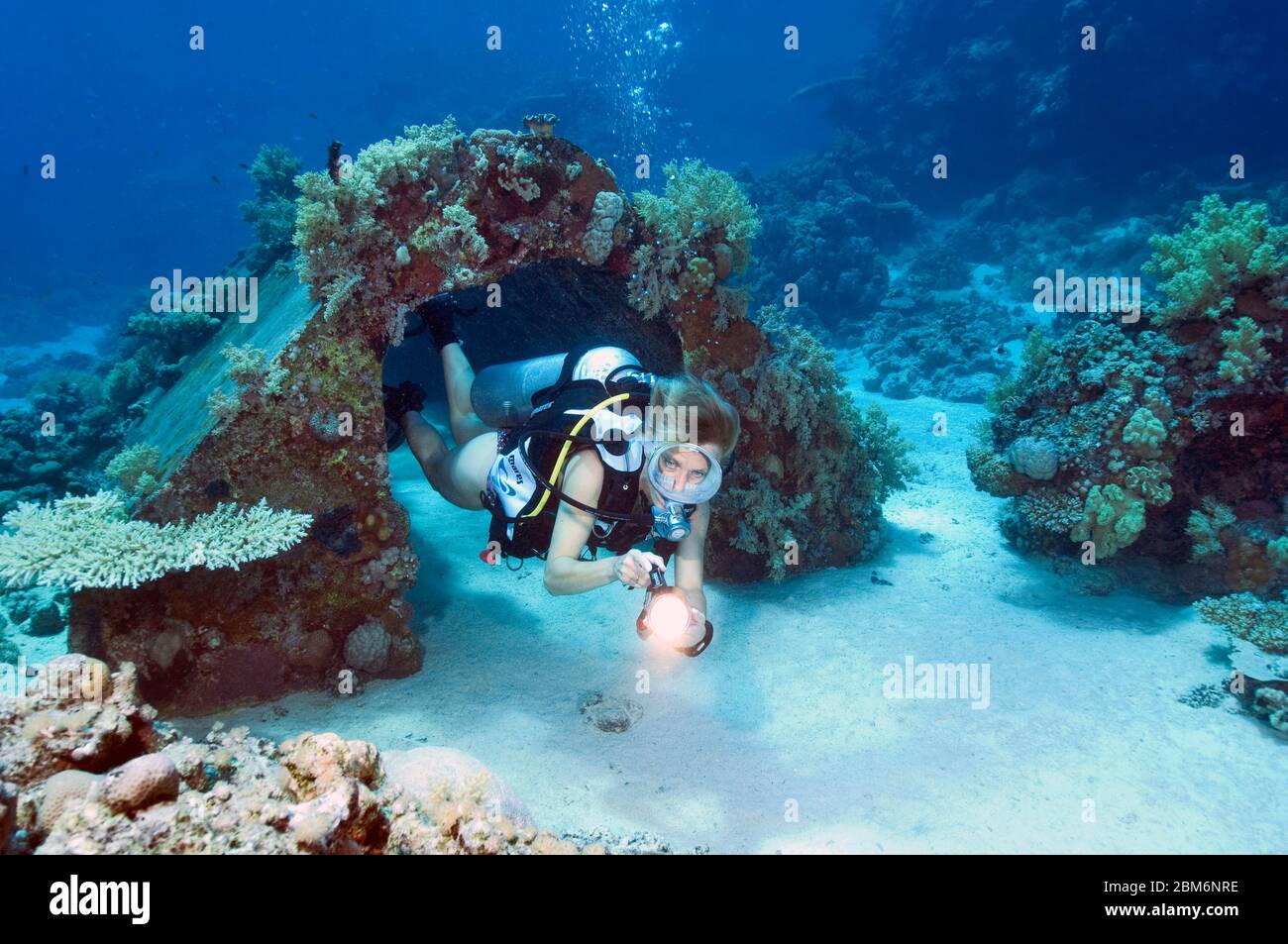 Taucherin schwimmt durch Geräteschuppen von Unterwassersiedlung von Jacques Yves Cousteau, Precontinent II, Rotes Meer, Shab Rumi, Sudan, Afrika Stockfoto