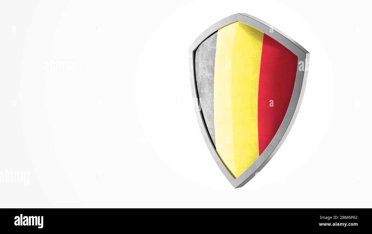 Schutzschild und Schutzkonzept. Glänzende Stahlpanzerung als belgische Nationalflagge lackiert. Symbol für Sicherheitskennzeichen. Datenschutzbanner. Sicherheitsetikett Stockfoto