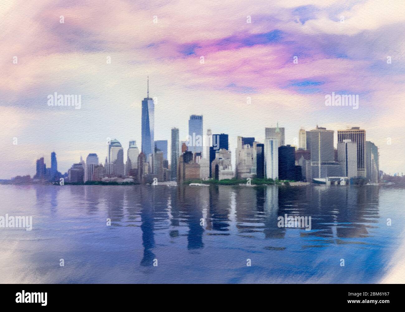 Digitale Pastellmalerei eines Panoramas von Manhattan in New York City vom Hudson River Stockfoto
