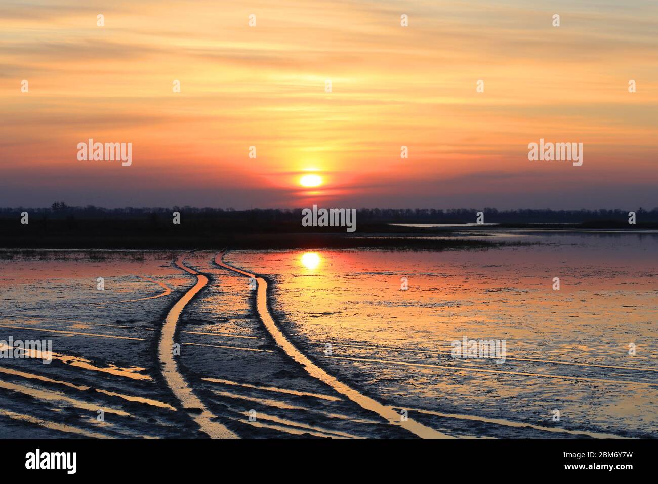 Sonnenuntergangslandschaft mit Pfad über überflutete Wiese Stockfoto
