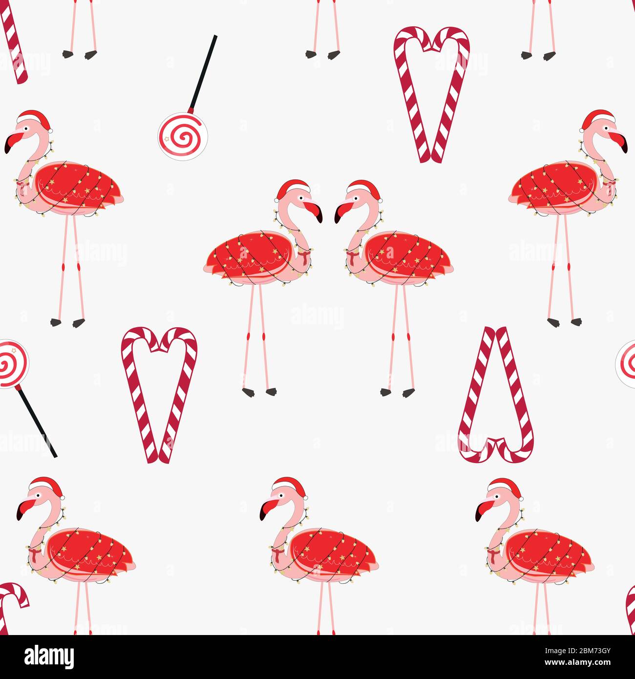 Rote Flamingos mit Süßigkeiten. Frohes neues Jahr und fröhliche weihnachten nahtloses Muster Stock Vektor