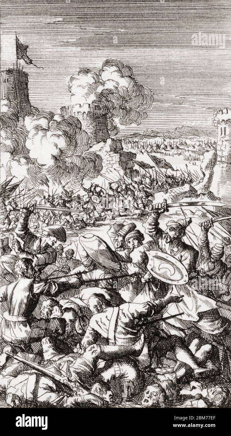 Die Belagerung von Nikosia, Zypern, durch die osmanische Armee im Jahr 1570. Nach einer Radierung von Jan Luyken aus dem Jahr 1699. Stockfoto