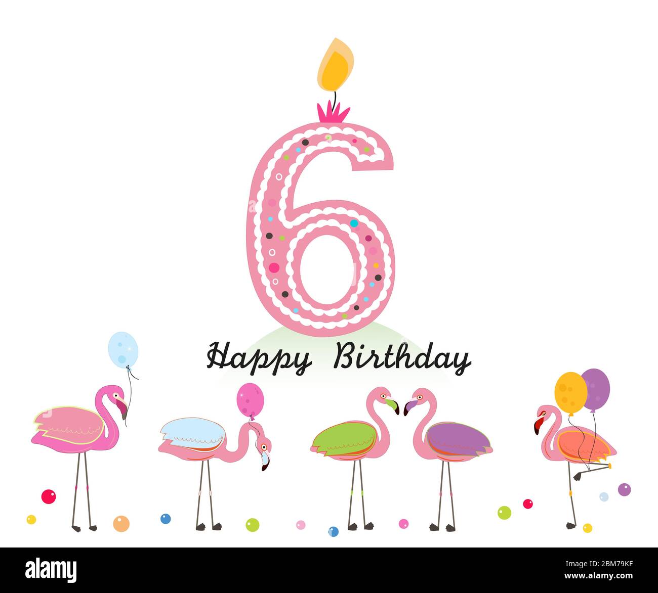 Sechs Kerzen. Alles gute zum sechsten Geburtstag Kerze Brief. Exotische Vögel. Set von verschiedenen Posen Flamingos. Farbenfroher Flamingo Stock Vektor