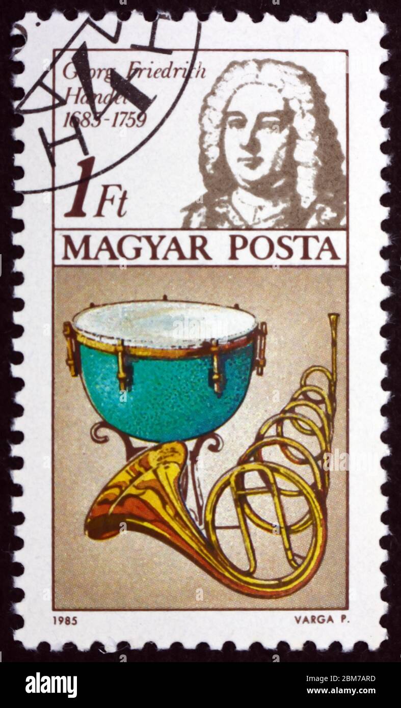 UNGARN - UM 1985: Eine in Ungarn gedruckte Briefmarke zeigt George Frideric Händel (1685-1759), deutscher Komponist, Kettle Drum & Horn, um 1985 Stockfoto