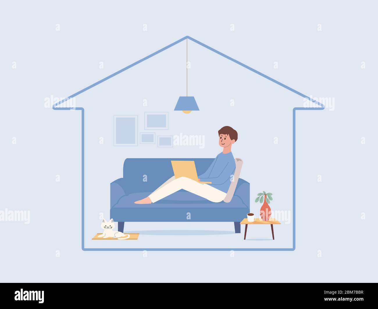Mann, der sich auf dem Sofa im Wohnzimmer des Hauses entspannt und mit einem Computer-Laptop online arbeitet, eine Katze, die in seiner Nähe liegt. Illustration über zu Hause bleiben. Stock Vektor