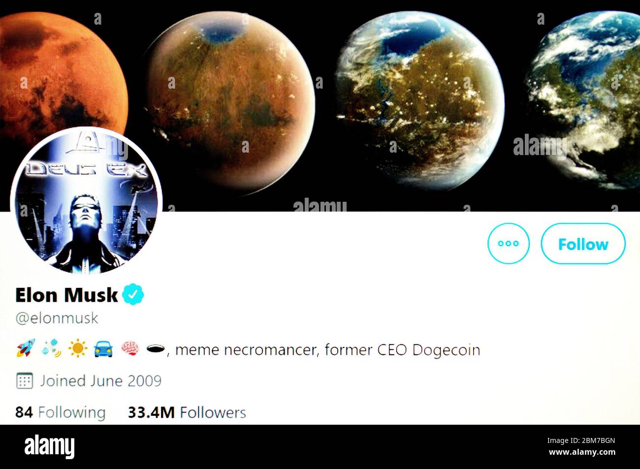Twitter-Seite (Mai 2020) : Elon Musk - Industriedesigner, Technologieunternehmer und Philanthropin Stockfoto