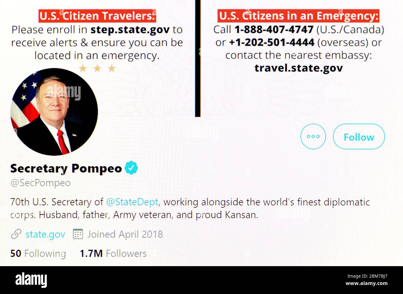 Twitter-Seite (Mai 2020) Mike Pompeo - Staatssekretär der Vereinigten Staaten Stockfoto