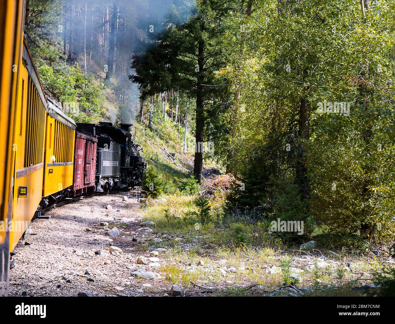 Die Schmalspurbahn von Durango nach Silverton, die durch die Rocky Mountains am Fluss Animas in Colorado USA führt Stockfoto