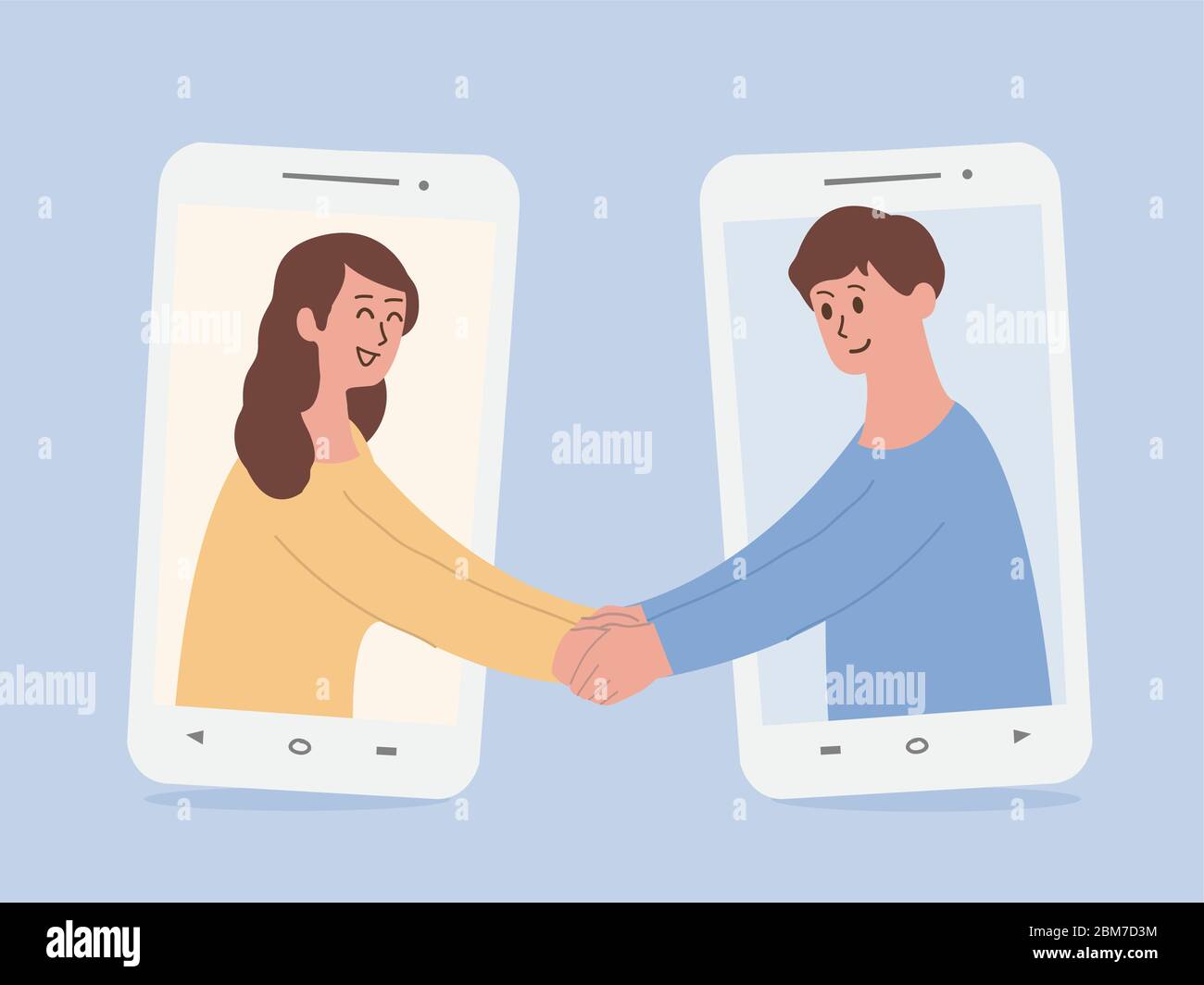Glückliche Menschen aus dem Telefon und Begrüßung mit Handshake Videoanrufe über das Smartphone wechseln zur neuen Normalität gewöhnlicher Menschen. Stock Vektor