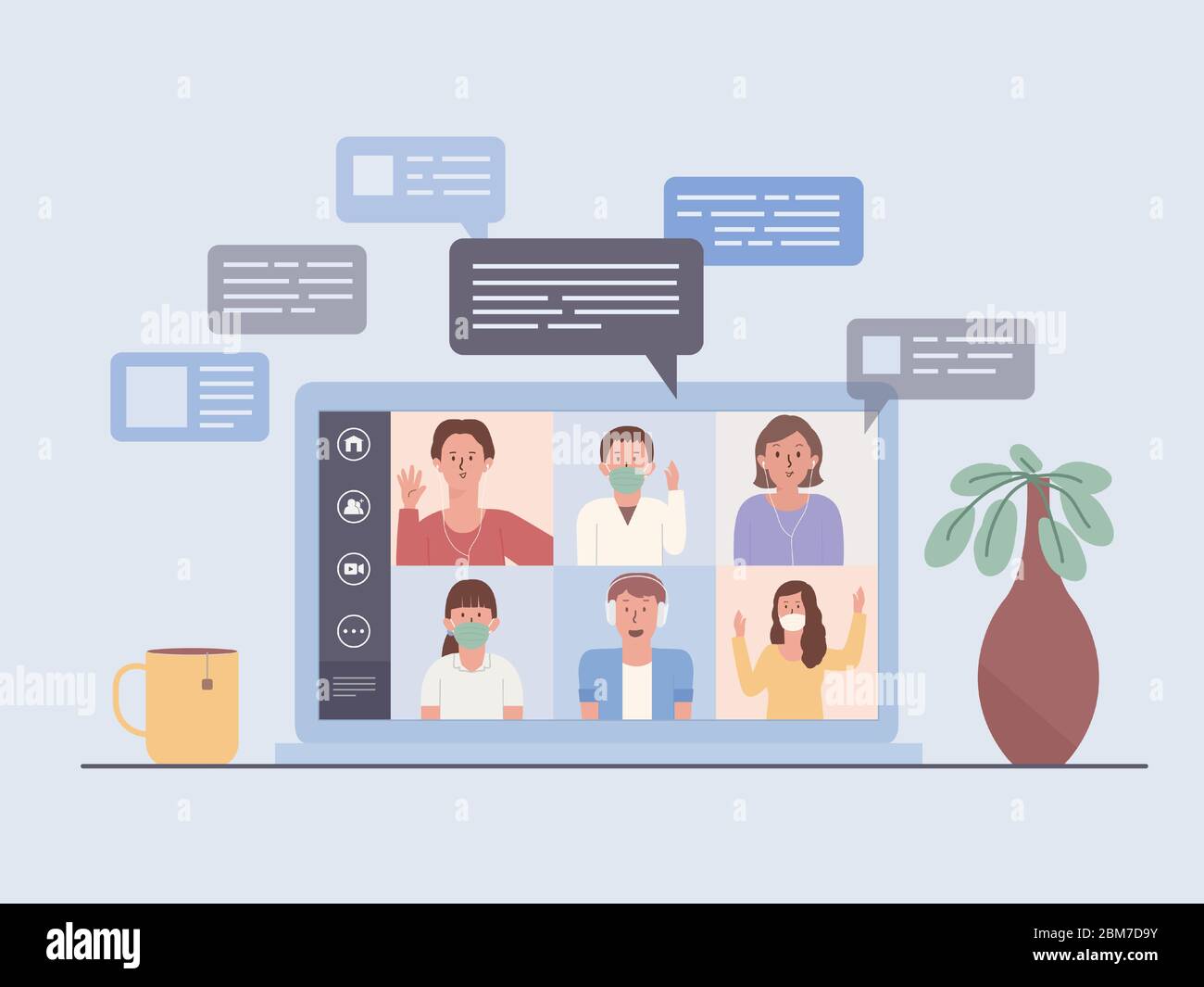 Laptop-Bildschirm zeigt eine Videokonferenz eines Geschäftsteams. People Meeting online über das Internet. Abbildung über das neue normale und neue Verhalten o Stock Vektor
