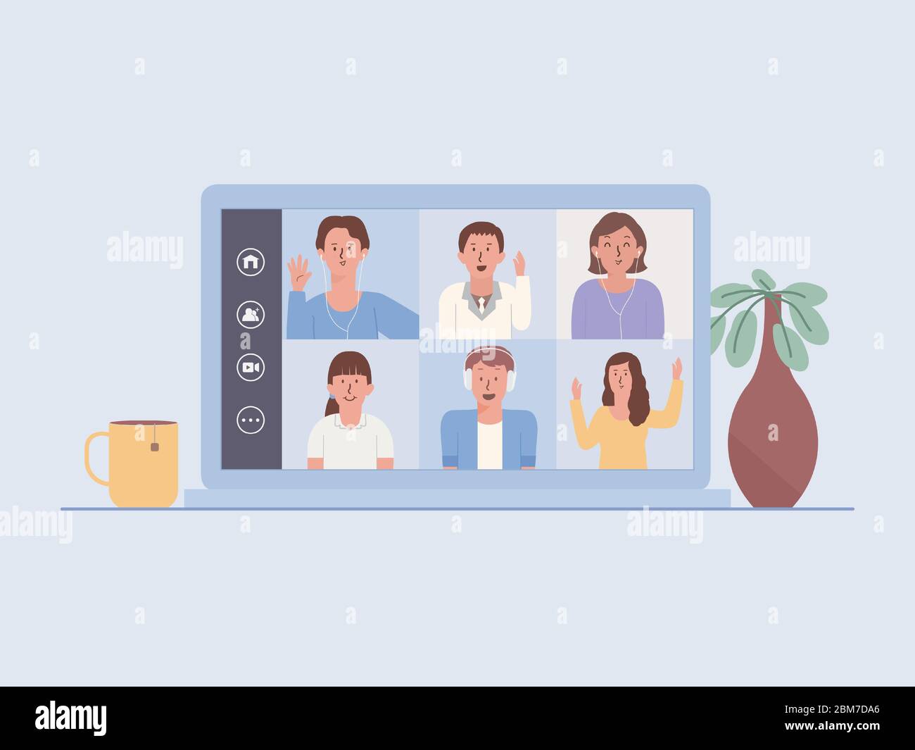 Laptop-Bildschirm zeigt eine Videokonferenz eines Geschäftsteams. People Meeting online über das Internet. Abbildung über die neue normale. Stock Vektor
