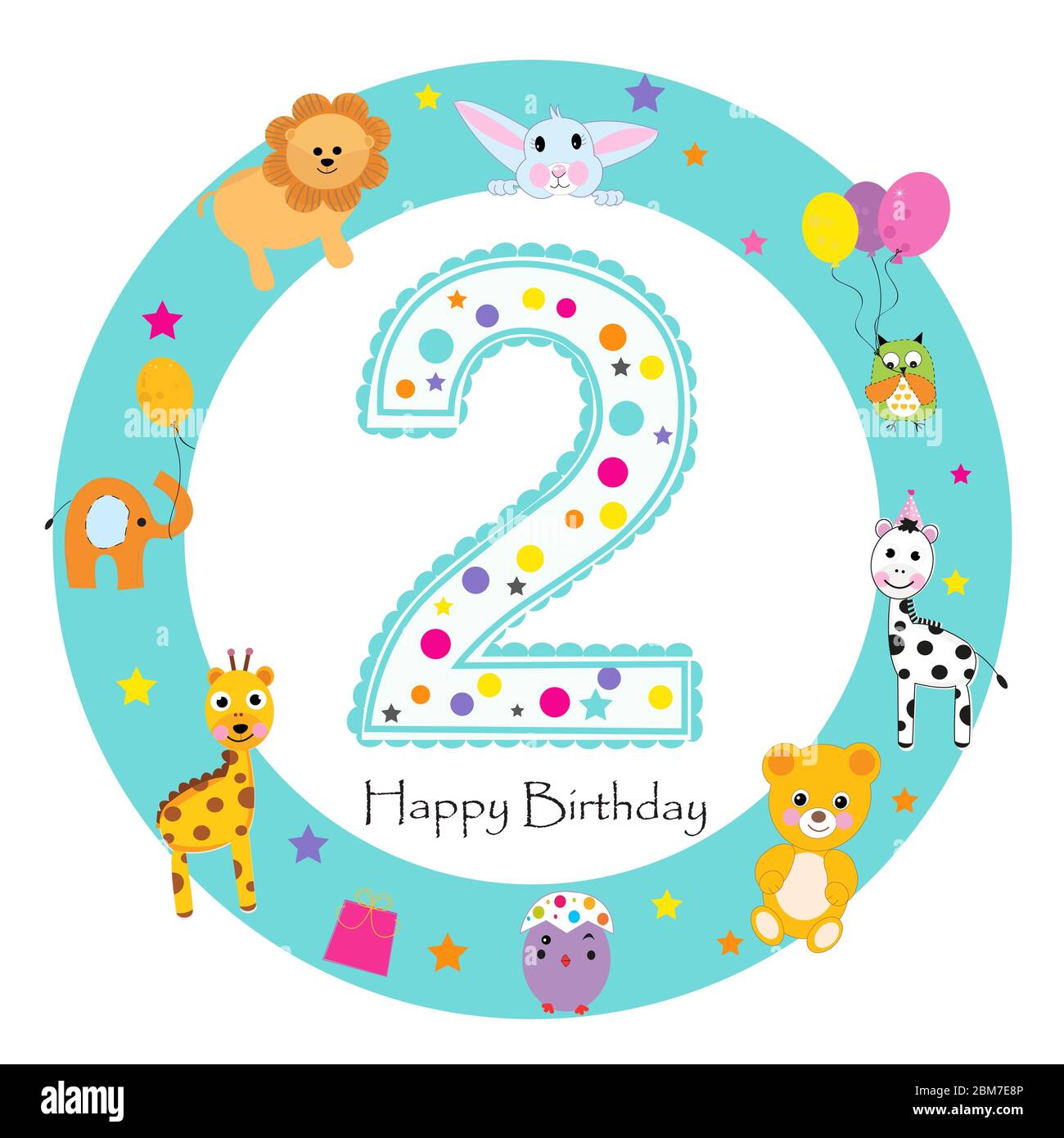 Zweiter Geburtstag Baby Grußkarte. Happy First Birthday Kerze und Tiere