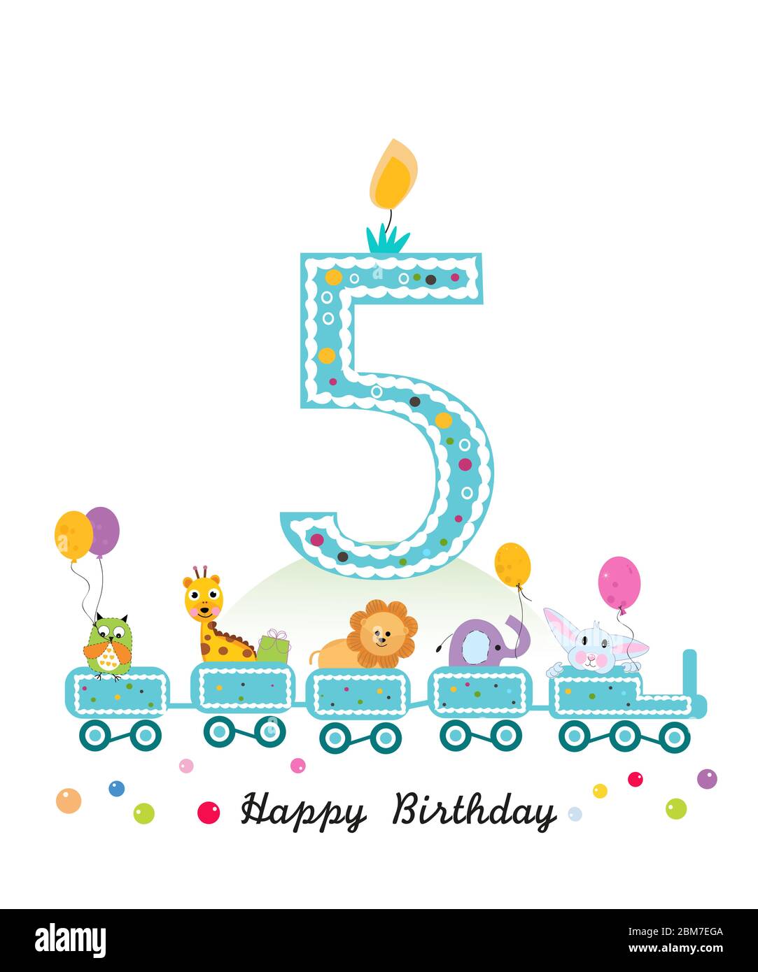 Alles gute zum fünften Geburtstag Grußkarte. Geburtstagszug mit Tieren Stock Vektor