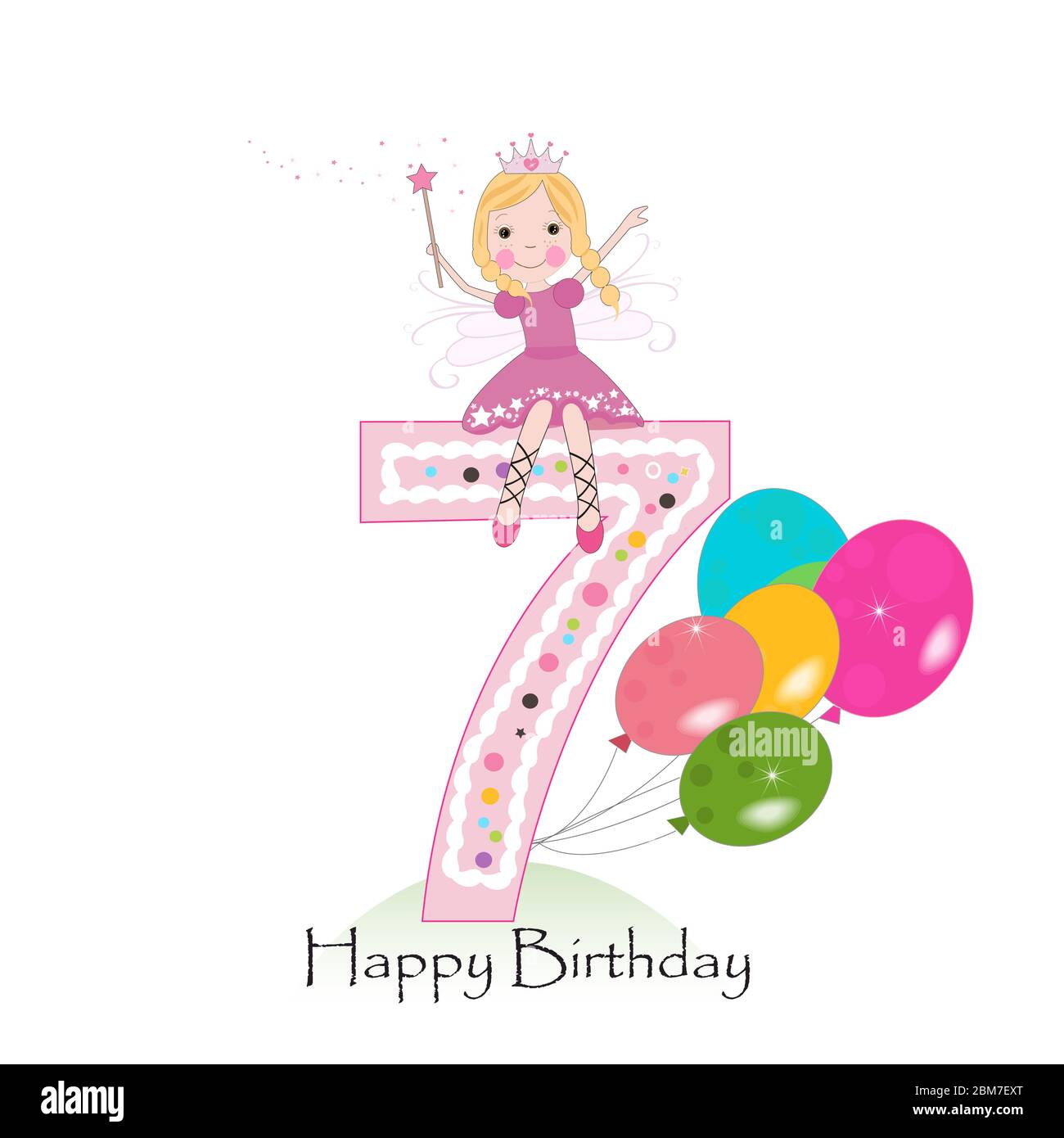 Alles gute zum siebten Geburtstag Grußkarte. Niedliche Märchen Vektor