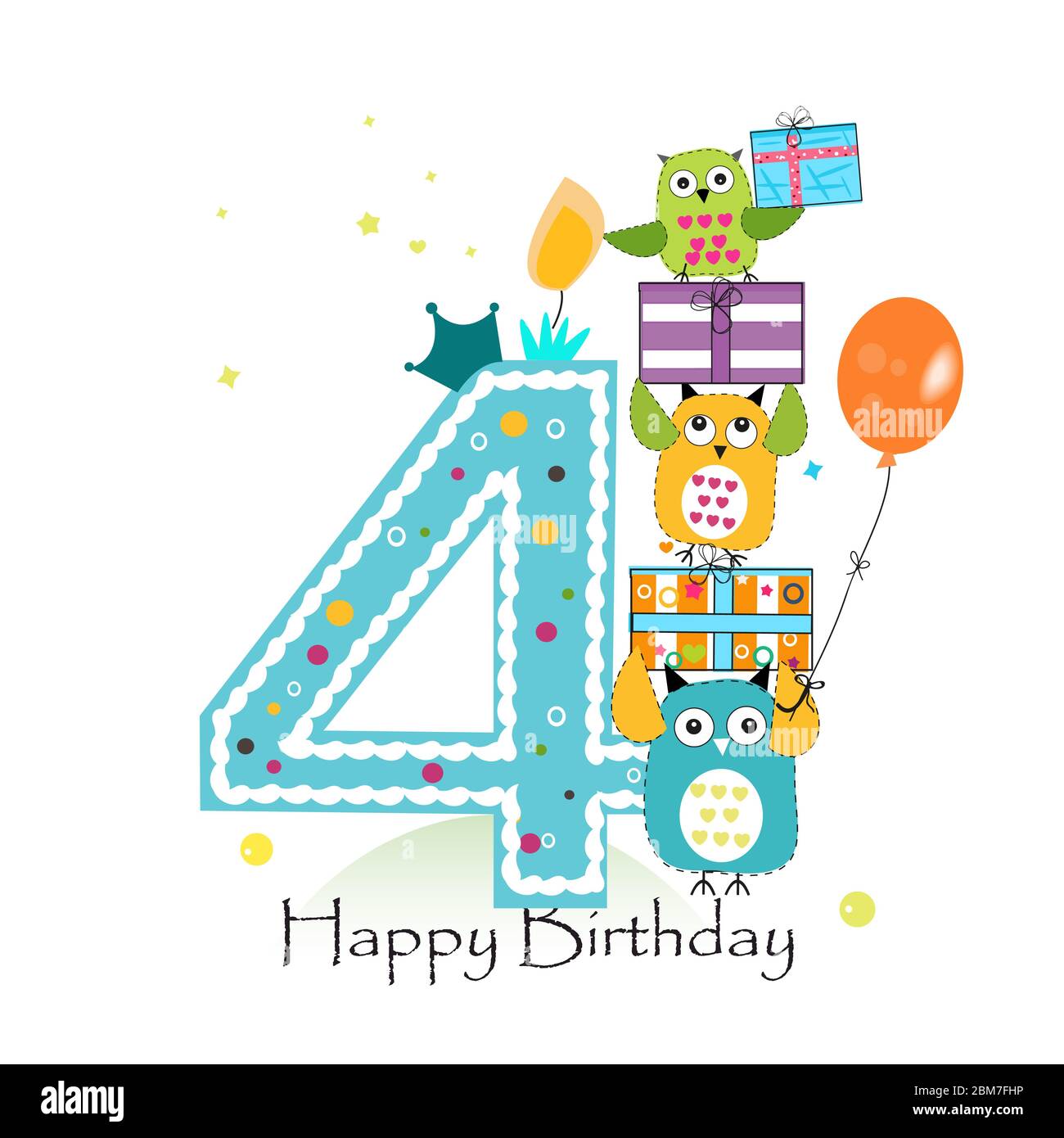 Alles gute zum vierten Geburtstag mit Eulen und Geschenkbox. Baby Junge