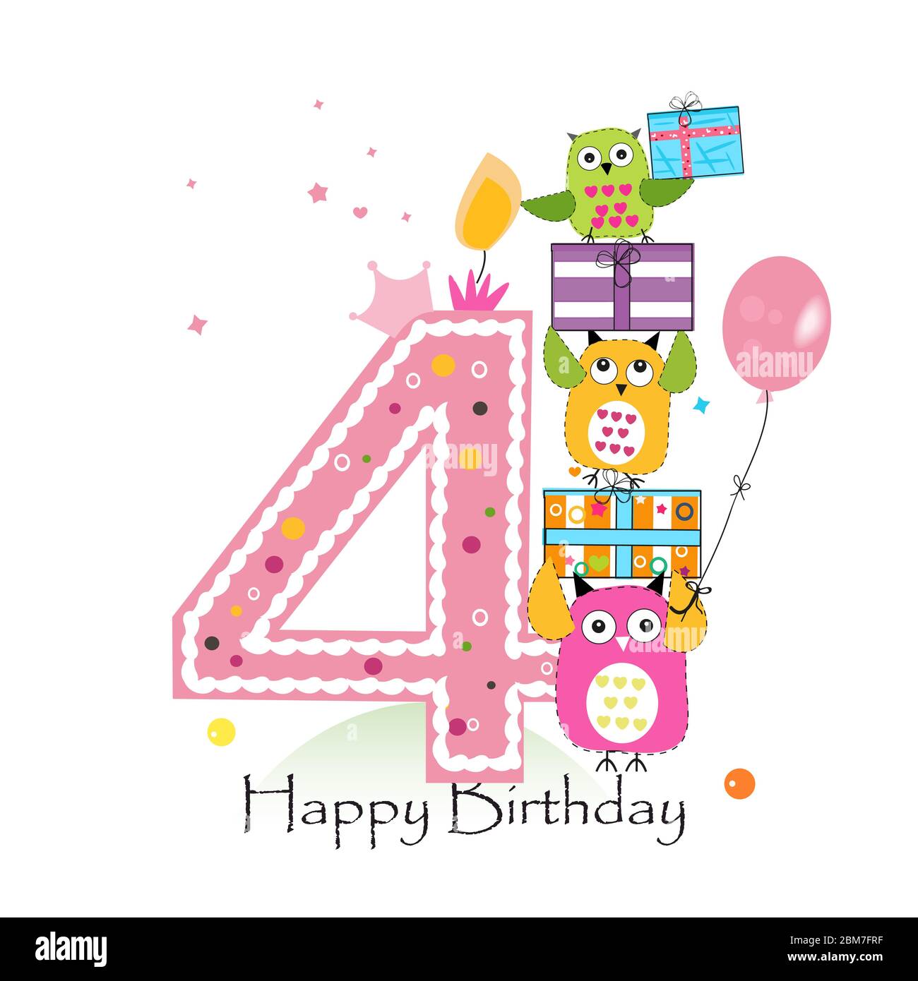 Alles gute zum vierten Geburtstag mit Eulen und Geschenkbox. Baby