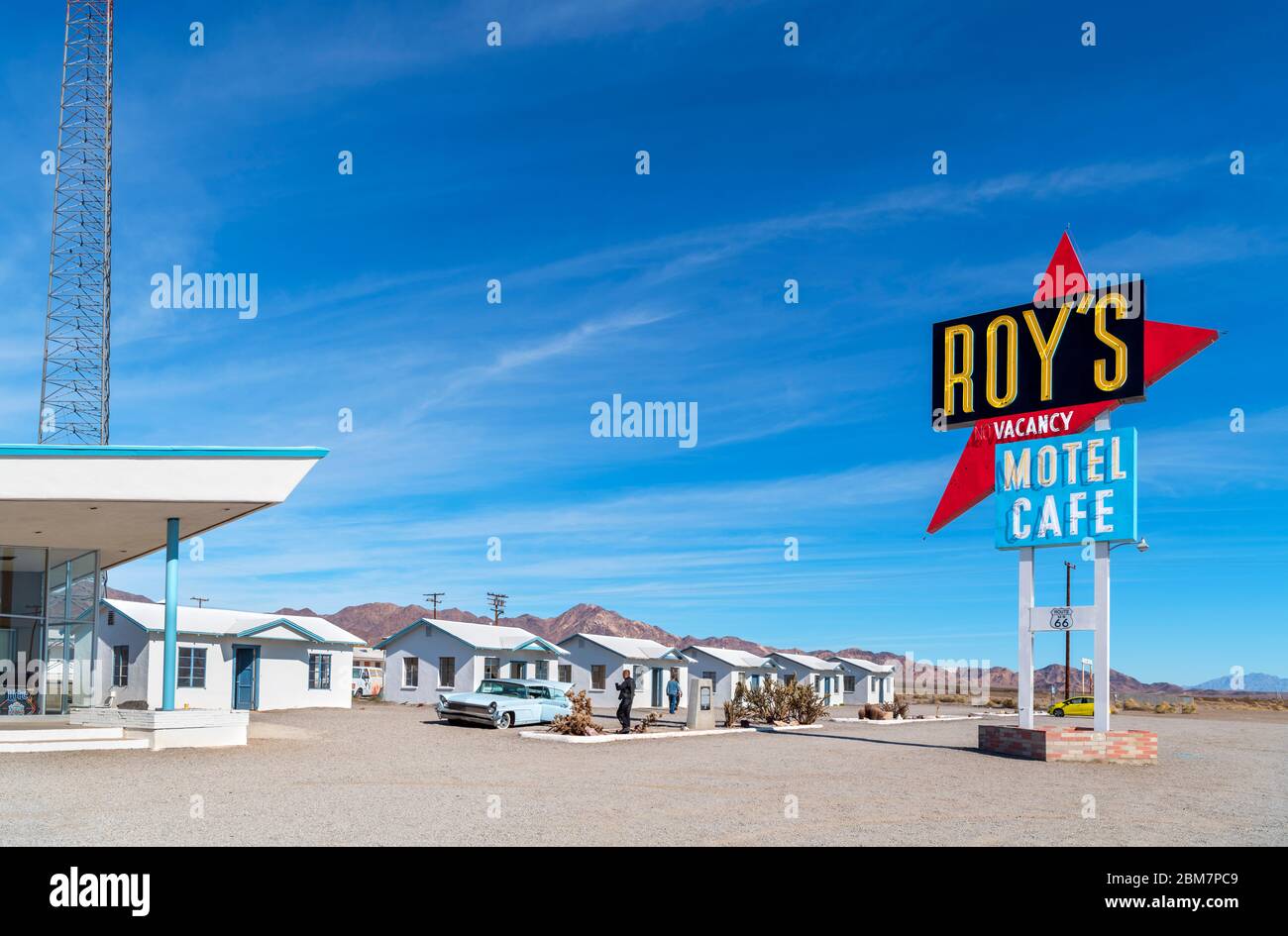 Route 66, Kalifornien. Roy's Motel and Cafe in Amboy, Route 66, Mojave Desert, Kalifornien, USA Stockfoto