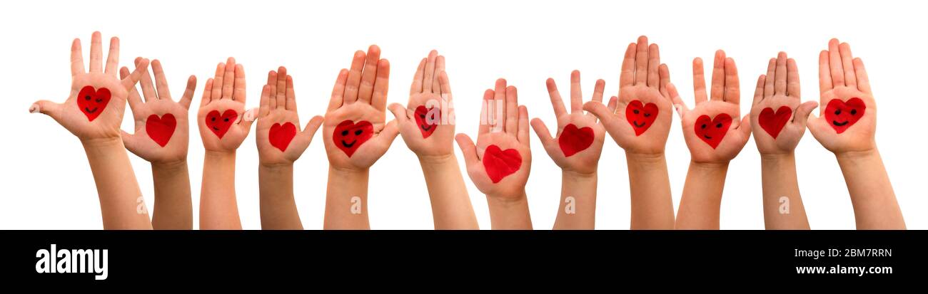 Kinder Hände Mit Herz-Symbol Und Smileys, Isoliert Hintergrund Stockfoto