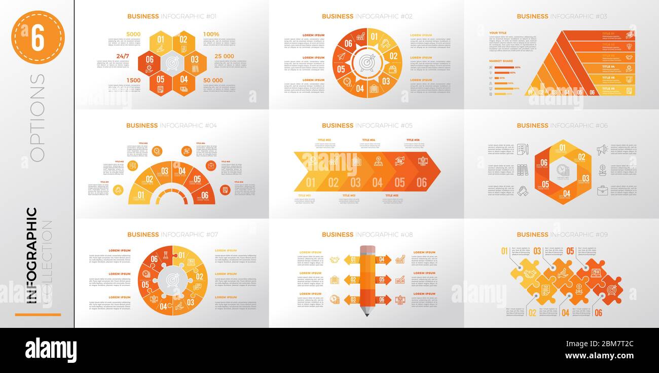 Infografik Business Template mit 6 Optionen. Gelbe Version. Stock Vektor