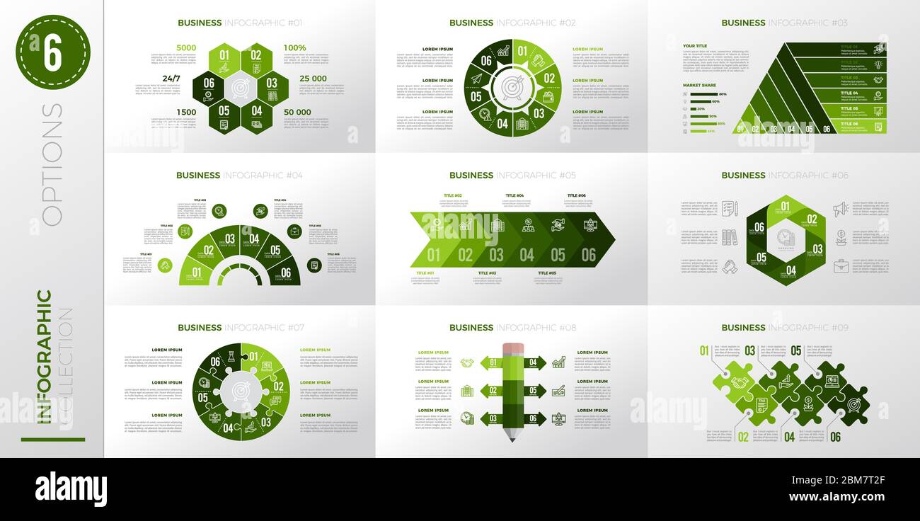 Infografik Business Template mit 6 Optionen. Version in grüner Farbe. Stock Vektor