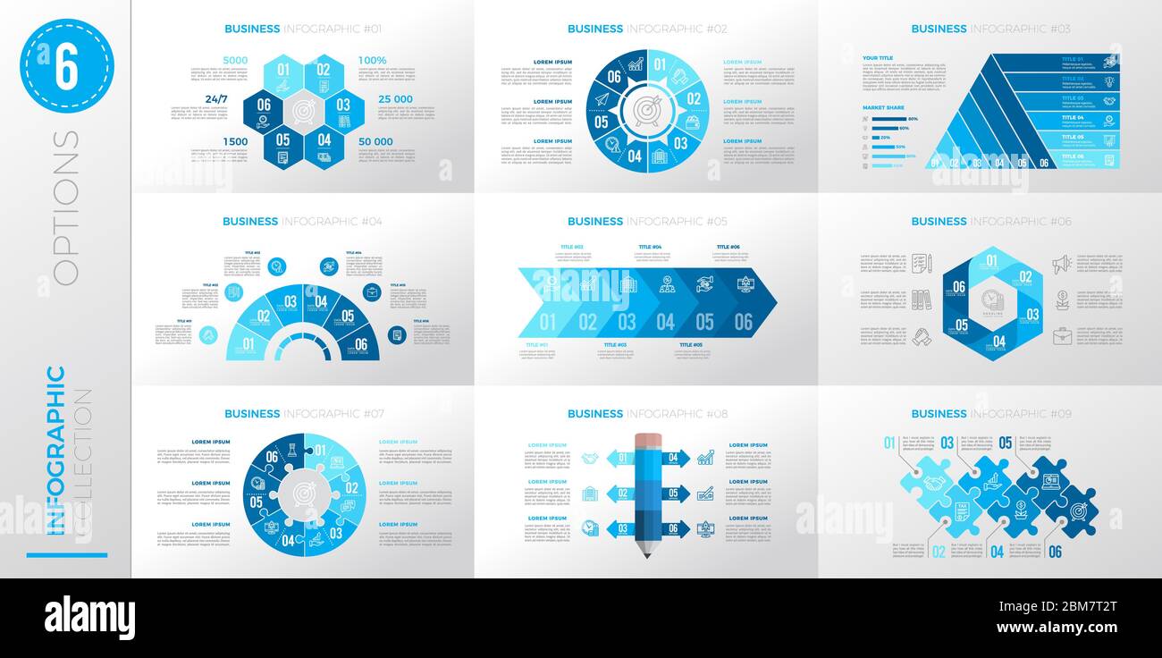 Infografik Business Template mit 6 Optionen. Blaue Version. Stock Vektor