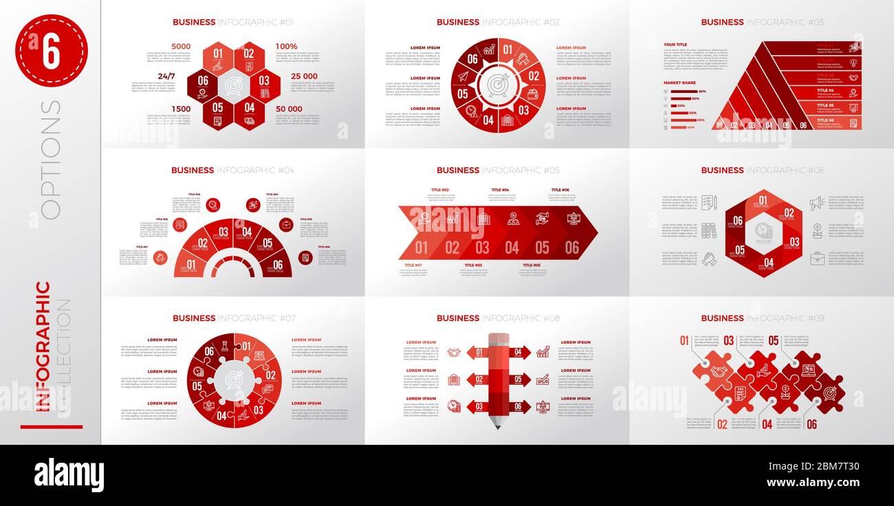 Infografik Business Template mit 6 Optionen. Rote Version. Stock Vektor