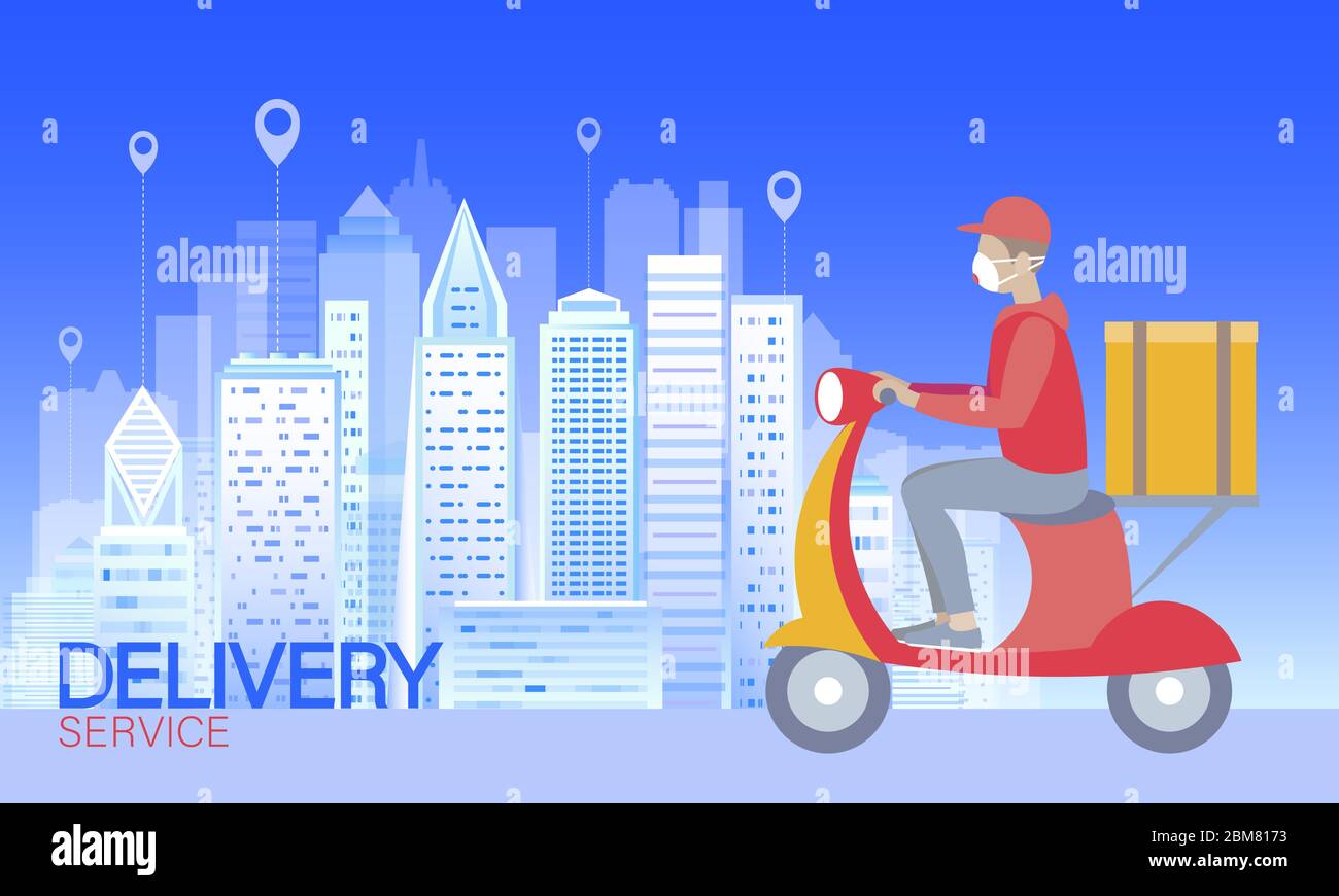 Roller City Lieferbox. Spaziergang Straße weiß Licht Lebensmittel Versand mobile App bestellen. Paket Quarantäne Thermal Tasche Rucksack Abendessen Mahlzeit. Schnelle Lieferung Stock Vektor