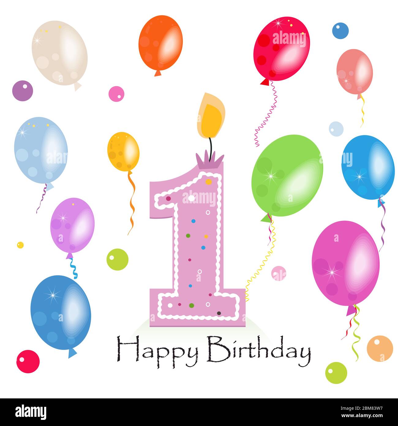 Happy First Birthday Kerze Vektor mit bunten Konfetti und Ballons Vektor Illustration. Alles gute zum Geburtstag Karte Stock Vektor