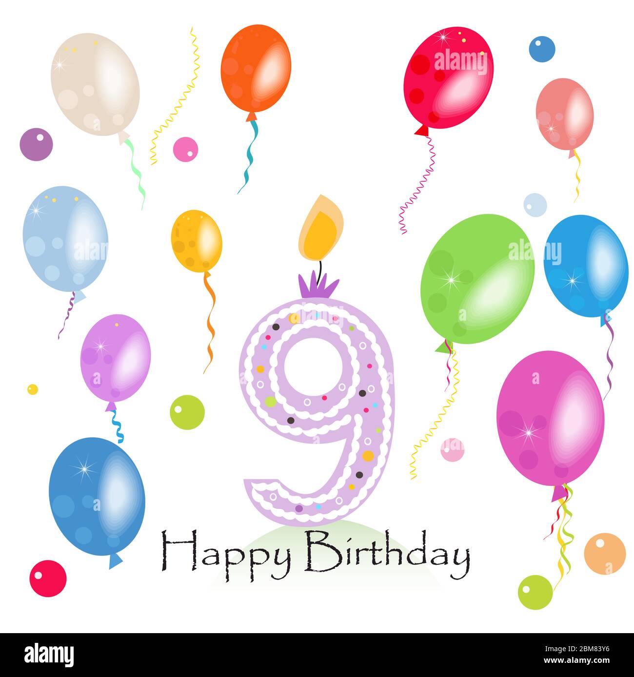 Happy neunten Geburtstag Kerze Vektor mit bunten Konfetti und Ballons
