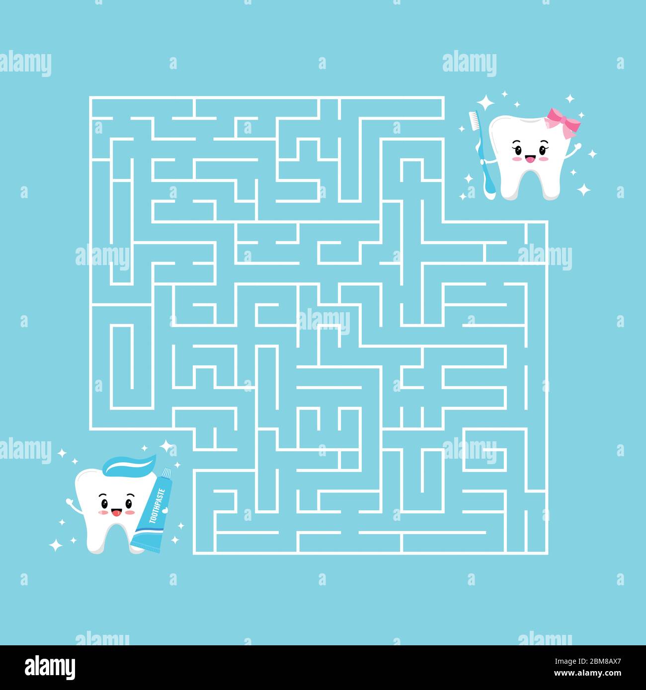 Niedlichen Zahn Emoji und Labyrinth-Spiel Vektor flache Illustration. Stock Vektor