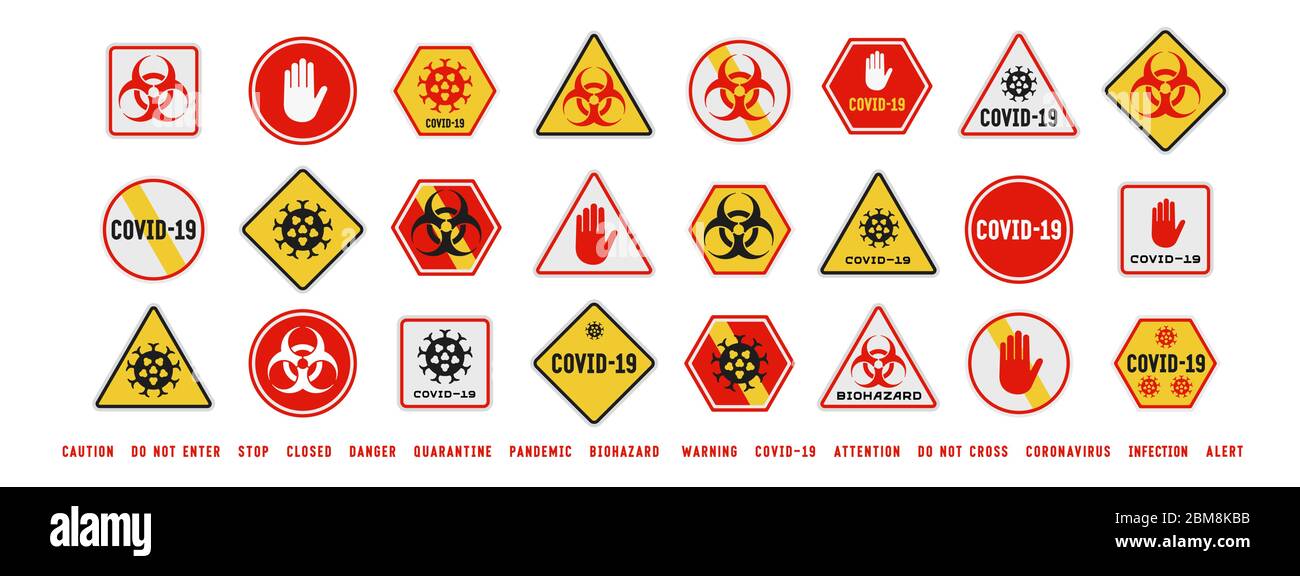 Set von Coronavirus Covid-19 Quarantäne Biohazard Warnung und Verbotszeichen. Schwarz, rot und gelb. Epidemische und Pandemie Warnung. Verschiedene s Stock Vektor