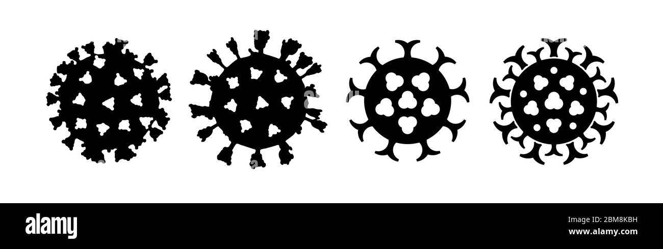 Silhouetten verschiedener Viren, wie Coronavirus Covid-19. Realistische und stilisierte Biologielabbildungen auf weißem Hintergrund. Stock Vektor