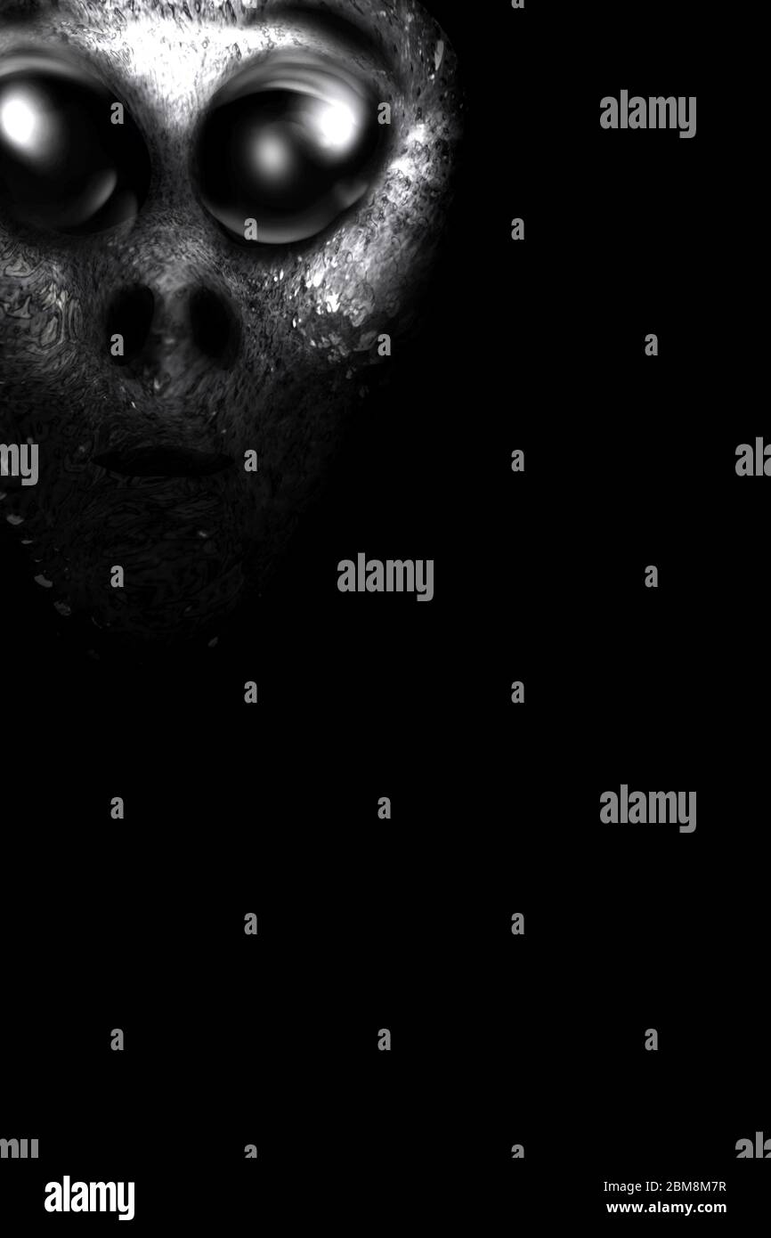Alien Gesicht isoliert auf schwarzem Hintergrund. Stockfoto