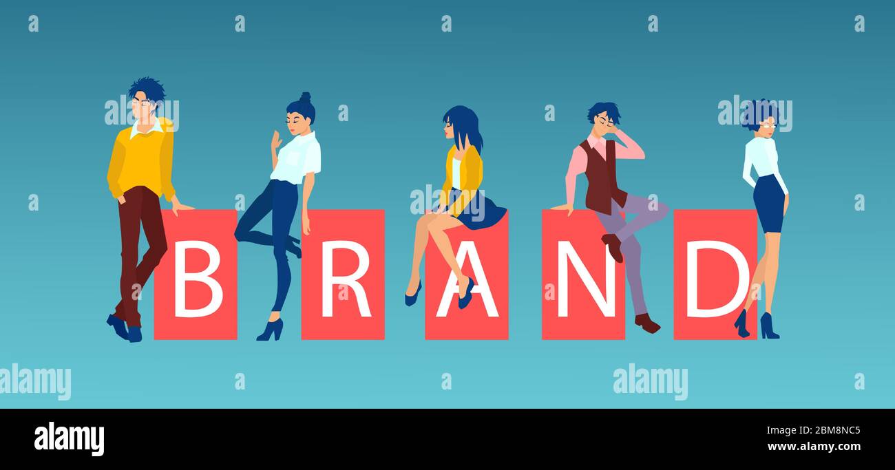 Vektor der stilvollen modischen Gruppe von jungen Menschen tragen Markenbekleidung Stock Vektor
