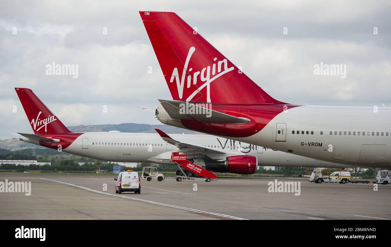 Glasgow, Großbritannien. Bis 25. August 2019. Im Bild: Virgin Atlantic Boeing 747-400 reg G-VROM mit dem Spitznamen Barbarella ist eines der Langstreckenflugzeuge mit breitem Stempelkörper in Virgin's Freizeitflotte. Normalerweise wird London Gatwick von diesem Flugzeug 3 Mal pro Woche in Glasgow bedient. Quelle: Colin Fisher/Alamy Live News. Stockfoto