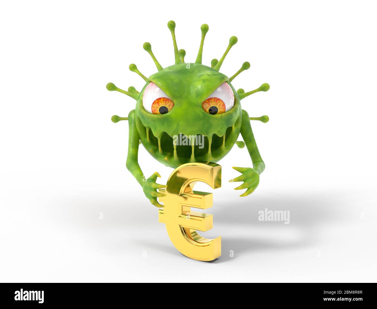 corona Virus Monster Angriffe auf Euro-Zeichen. Geeignet für covid-19, Corona und andere Virus Themen. 3D-Illustration, Cartoon Virus Charakter Stockfoto