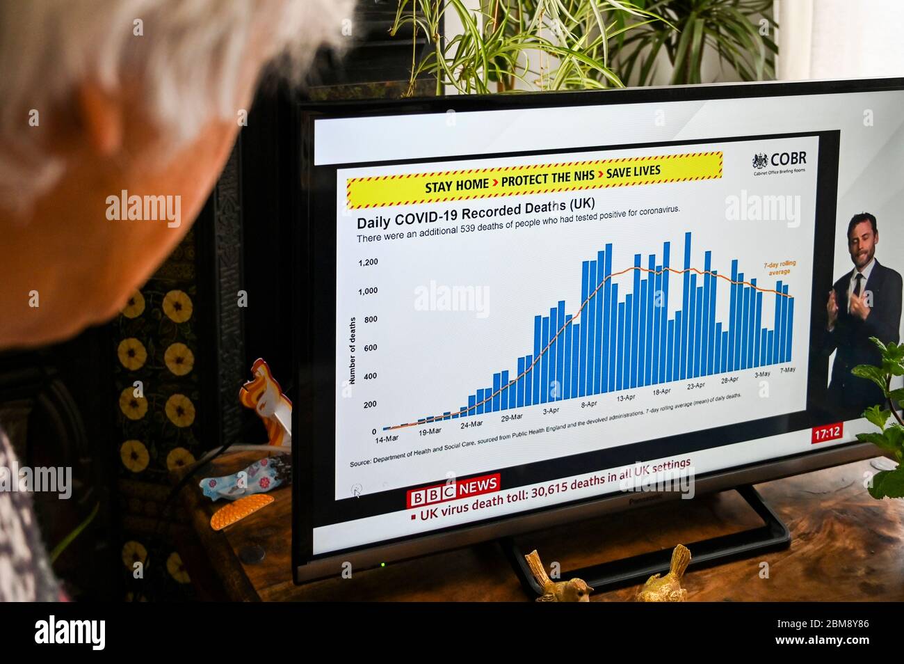 Ein Zuschauer, der die vielsachsene tägliche Coronavirus Downing Street-Briefing mit einer Grafik, die die Sterberate in Großbritannien umreißt, beobachtet. Stockfoto