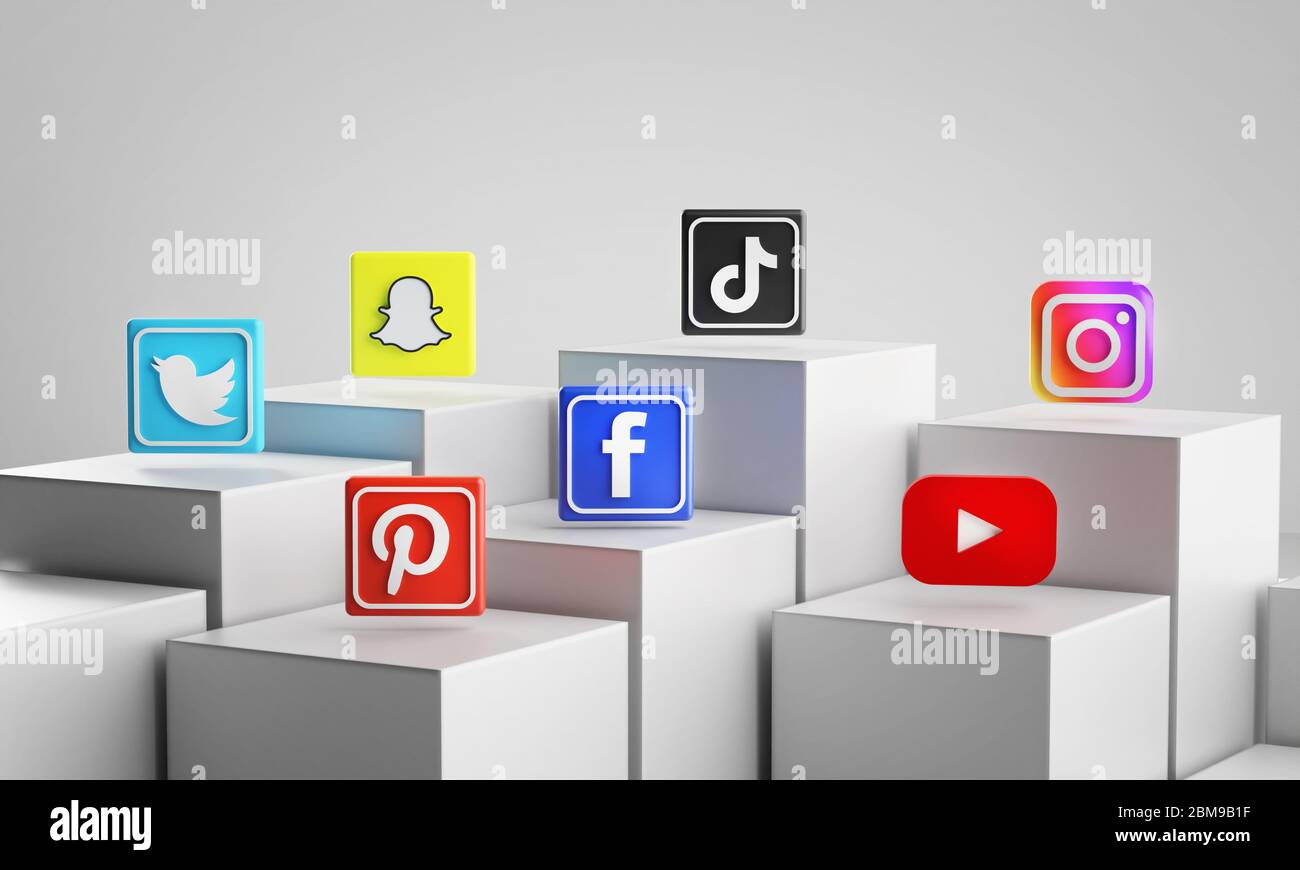 Beliebteste Social Media Icon auf 3D-Rendering White Cubes Stockfoto