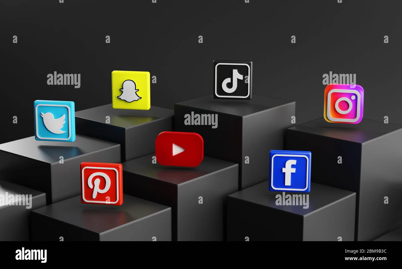 Beliebteste Social Media Icon auf 3D Rendering Black Cubes Stockfoto